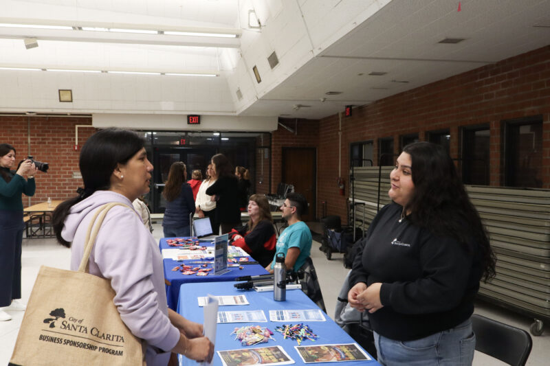 Rocio Hovespian (L) and Evelyn Torres (R) talk with each other at the "Parenting for Prevention" parent meeting about children's online safety at Hart High School in Newhall, Calif., Wednesday, Nov. 5, 2025. Kamryn Martell/The Signal