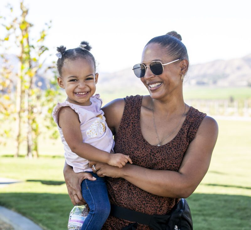 Residents Naomi, 2, and Christina Dove enjoy the opening of Riparian Park in Valencia by FivePoint on Saturday, Nov. 1, 2025. Habeba Mostafa/ The Signal