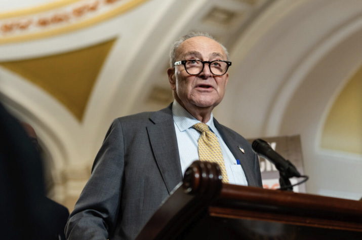 Senate Minority Leader Chuck Schumer (D-N.Y.) speaks to reporters during the government shutdown at a press conference on Capitol Hill in Washington on Oct. 15, 2025. Photo by Madalina Kilroy.