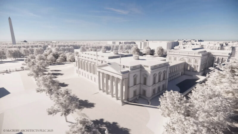 A rendering shows the White House’s exterior from the northeast after the East Wing renovation. The new 90,000-square-foot ballroom will accommodate up to 999 guests. Demolition of the East Wing began on Oct. 20. Image courtesy of The White House