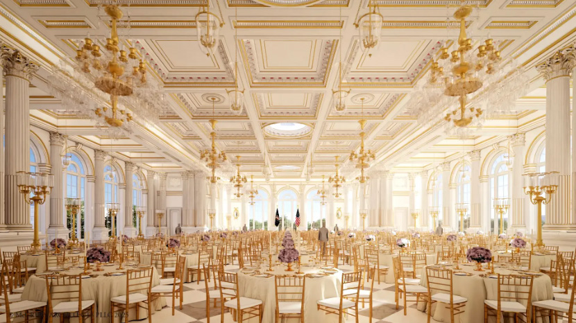A rendering shows the interior of the new White House ballroom facing south. Image courtesy of The White House.