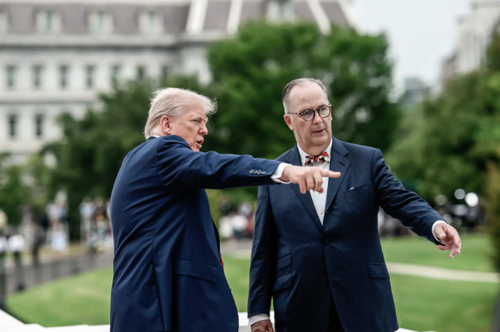President Donald Trump speaks with architect James McCrery on the White House roof on Aug. 5, 2025. Trump tapped McCrery, a classical design specialist, to lead the new ballroom project. Photo courtesy of The White House