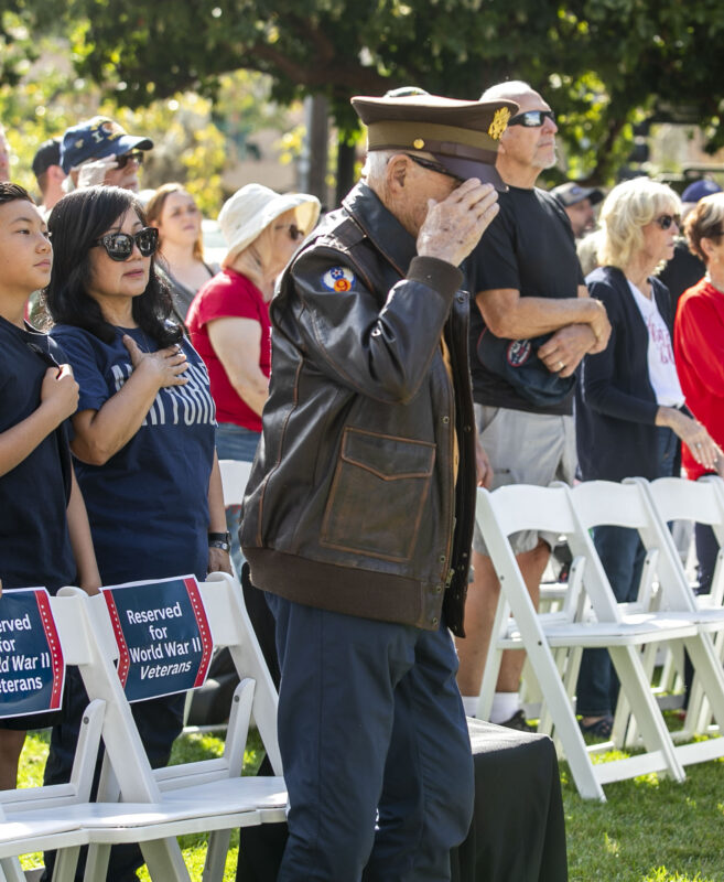 Kenneth Placek, a 102-year-old World War II veteran, salutes the flag during the 19th annual Santa Clarita Veterans Day Ceremony at Veterans Historical Plaza on Tuesday, Nov. 11, 2025. Habeba Mostafa/ The Signal