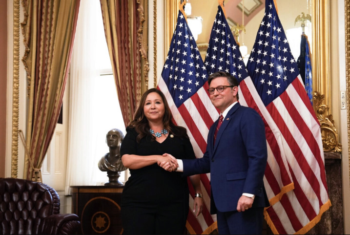 Rep.-elect Adelita Grijalva (D-Ariz.) is sworn in by House Speaker Mike Johnson (R-La.) on Capitol Hill in Washington on Nov. 12, 2025. Photo by Madalina Kilroy.
