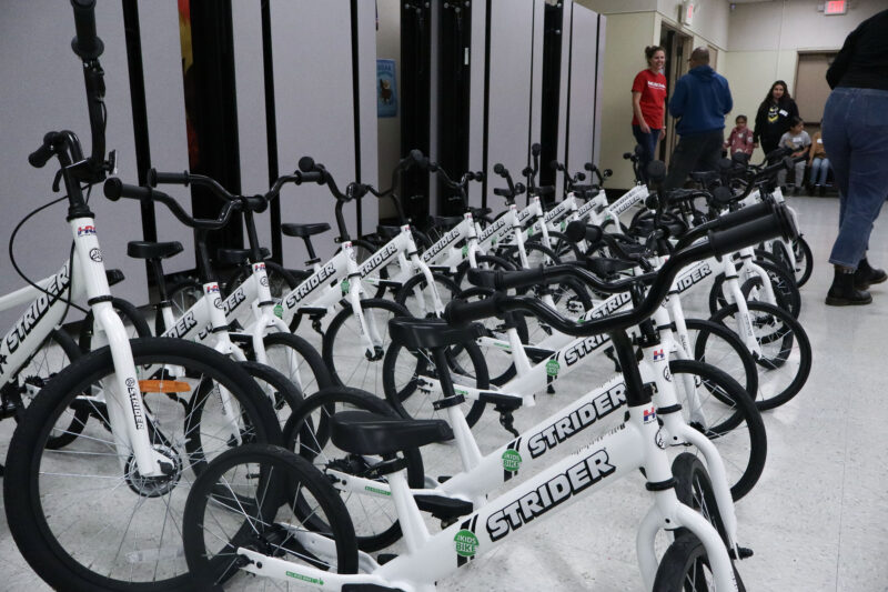 The bicycles sit on display before the children ride them at the "All Kids Bike" event at Newhall Elementary School in Newhall, Calif., Monday, Nov. 17, 2025. Kamryn Martell/The Signal