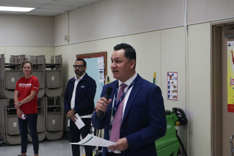 Israel Arauz, assistant principal at Newhall Elementary School, gives a speech to the children at the "All Kids Bike" event at Newhall Elementary in Newhall, Calif., Monday, Nov. 17, 2025. Kamryn Martell/The Signal