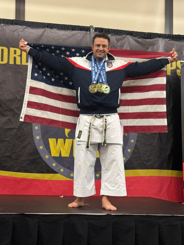 Santa Clarita resident Rocky Whatule celebrates his gold medal-winning performances in the 2025 World Karate Commission World Championships in Niagara Falls, New York. Photo by Michelle Roberts Whatule.