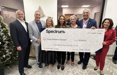 Spectrum presented Single Mothers Outreach with a $5,000 grant to support services for single parents. From left: Douglas Tripp, Spectrum director of government affairs; John Evarts, SMO board chair; Yorleni Sapp, SMO executive director; Adrianne Sears, Spectrum director of government and community strategy; Virginia Miranda; Mayor Bill Miranda and Councilwoman Patsy Ayala. Courtesy photo.
