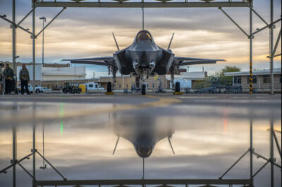 A pilot assigned to the 61st Fighter Squadron and 61st Aircraft Maintenance Unit crew chiefs prepare an F-35A Lightning II for taxi at Luke Air Force Base, Ariz., on Jan. 15, 2019. Airman 1st Class Jacob Wongwai/U.S Air Force