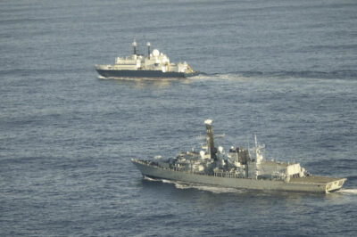 The Russian spy ship Yantar (top) is shadowed by the British frigate, HMS Somerset, in the English Channel on Jan. 20, 2025. UK Ministry of Defence