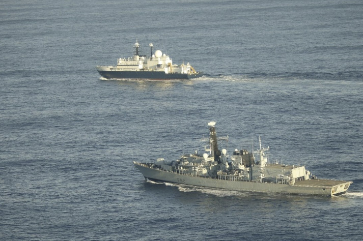 The Russian spy ship Yantar (top) is shadowed by the British frigate, HMS Somerset, in the English Channel on Jan. 20, 2025. UK Ministry of Defence