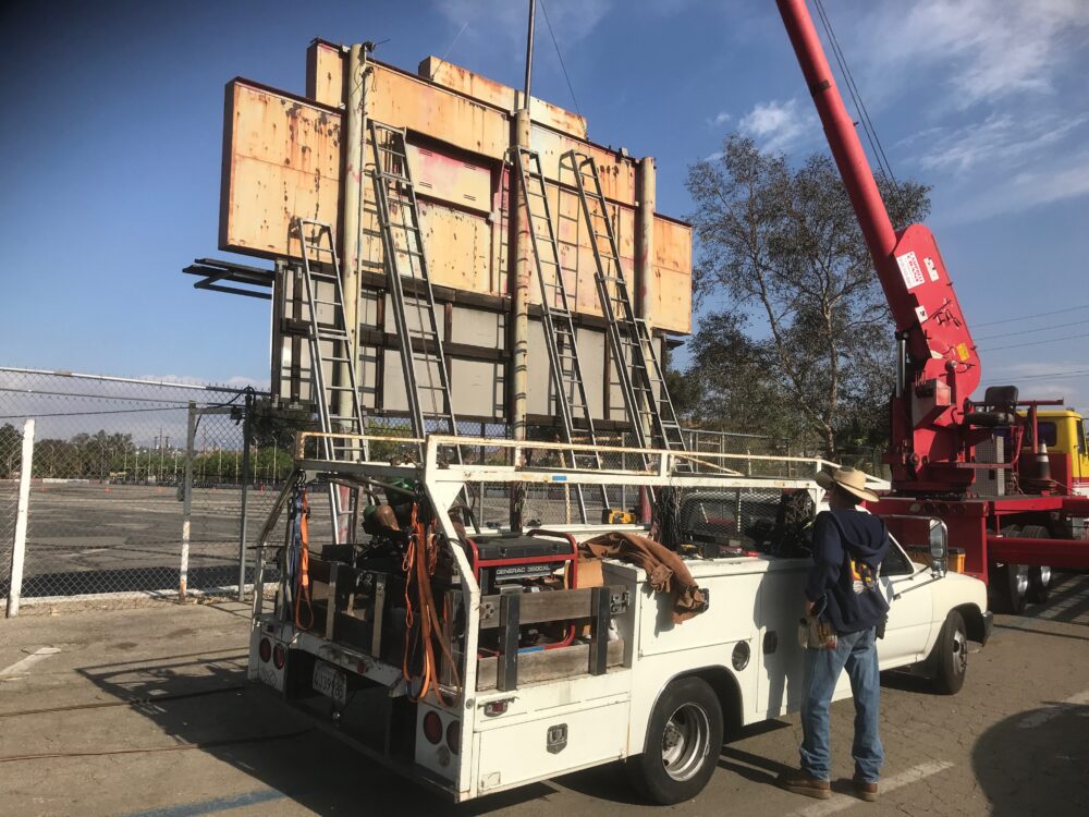 The Saugus Speedway scoreboard gets loaded onto a truck. Photo courtesy of Tommy Gelinas.