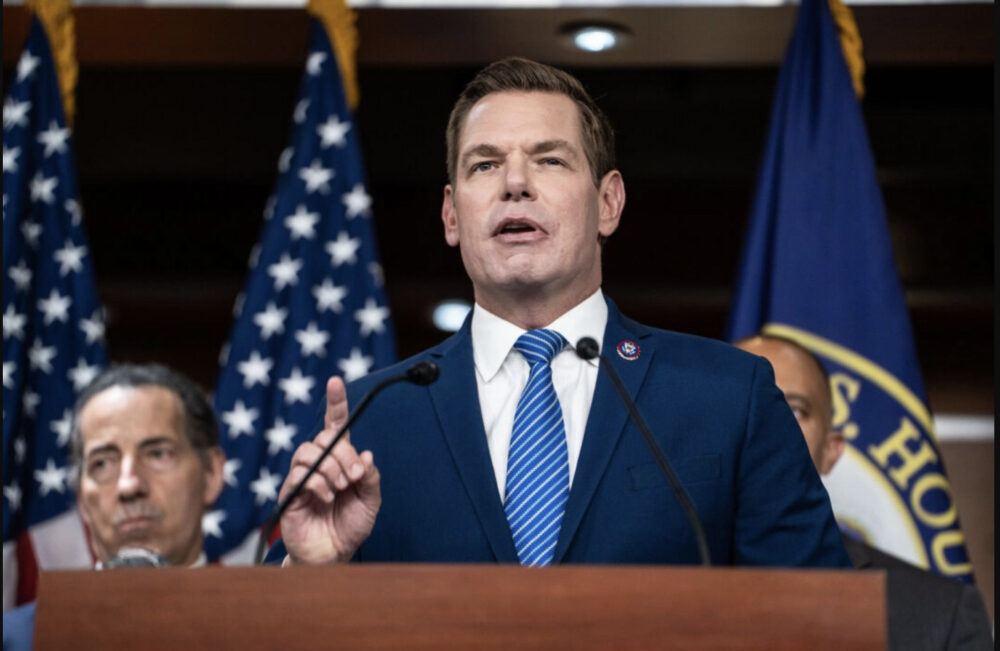 Rep. Eric Swalwell (D-Calif.) speaks on Capitol Hill in Washington on Sept. 8, 2025. Photo by Madalina Kilroy.