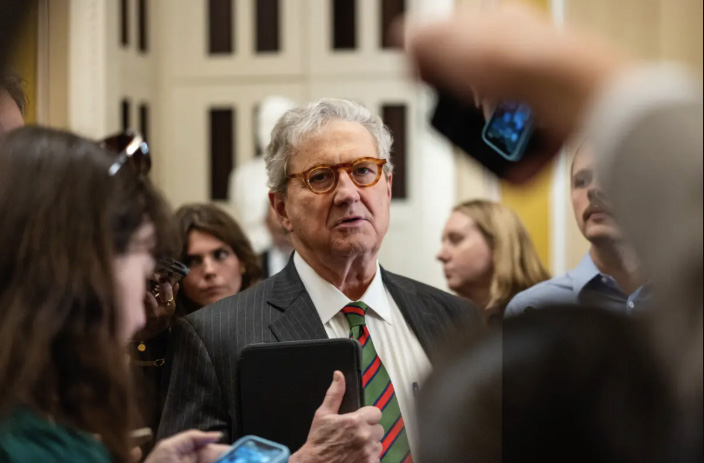 Sen. John Kennedy (R-La.) speaks to reporters on Capitol Hill in Washington on Oct. 15, 2025. Photo by Madalina Kilroy.