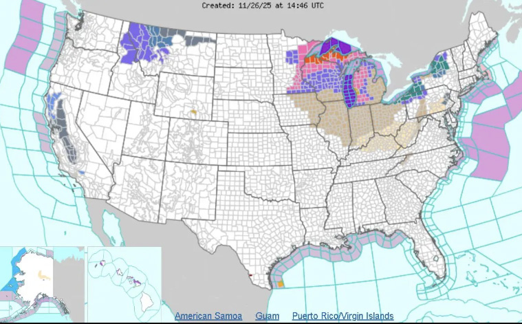 The national U.S. weather forecast map for Nov. 26, 2025. US National Weather Service.