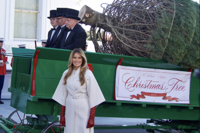 First Lady Melania Trump inspects the arrival of the White House Christmas Tree at 1600 Pennsylvania Ave. in Washington on Nov. 24, 2025. Photo by Travis Gillmore.