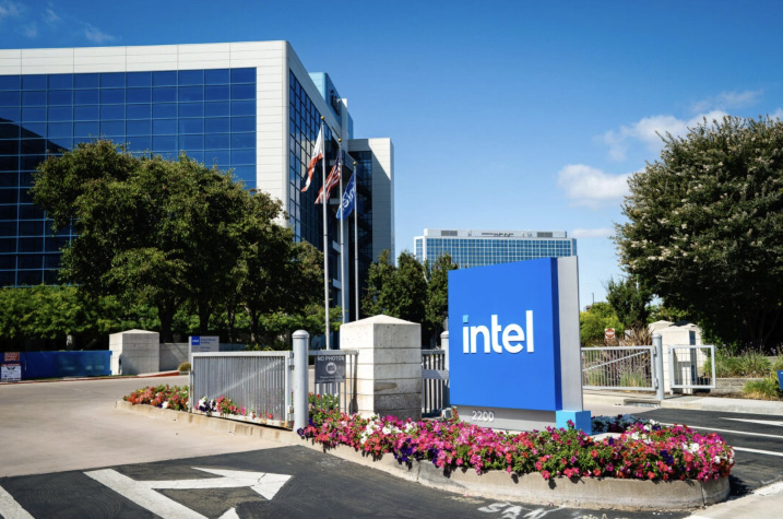 The Intel logo is displayed outside of the Intel headquarters in Santa Clara, Calif., on July 26, 2025. The Trump administration took equity stakes in the semiconductor giant in August. Photo by Gary Wang.