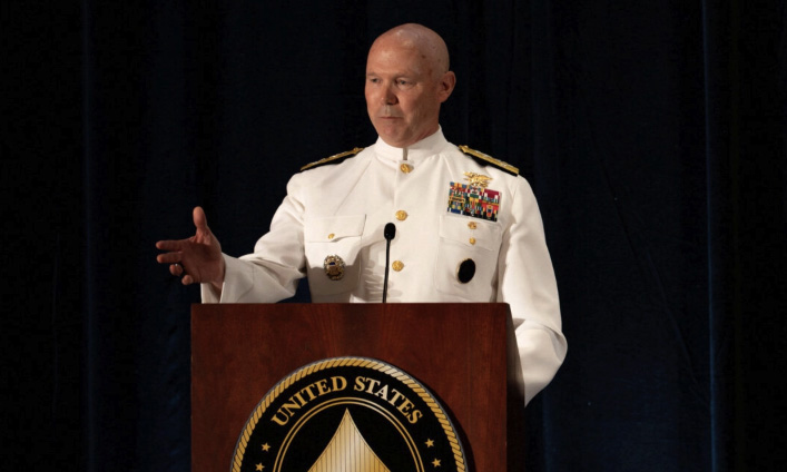 U.S. Navy Adm. Frank "Mitch" Bradley delivers remarks during the USSOCOM Change of Command Ceremony in Tampa, Fla., on Oct. 3, 2025. Airman 1st Class Monique Stober/U.S. Special Operations Command/Handout via Reuters