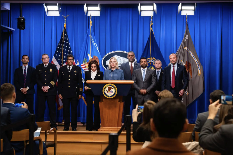Attorney General Pam Bondi, FBI Director Kash Patel, and District of Columbia Attorney Jeanine Pirro announce the arrest of Brian Cole during a press conference in Washington on Dec. 4, 2025. The FBI has conducted a yearslong investigation into the pipe bombs placed in the District of Columbia on Jan. 5, 2021. Photo by Madalina Kilroy.