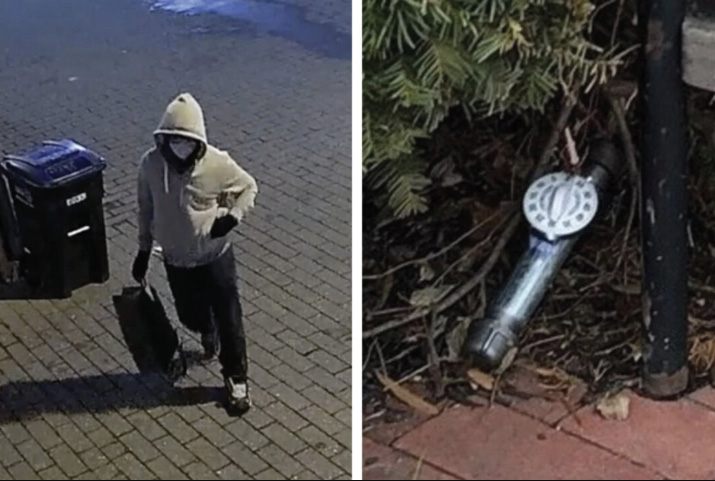 (Left) The Jan. 6 pipe-bomb suspect walks a route from the Democratic National Committee headquarters to the Capitol Hill Club on the night of Jan. 5, 2021. (Right) The DNC pipe bomb photographed on Jan. 6. Courtesy of FBI.