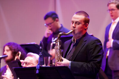 Simon Blondell plays the saxophone at the College of the Canyons Studio Jazz Ensemble concert at the Performing Arts Center at COC in Valencia, Calif., Tuesday, Dec. 9, 2025. Kamryn Martell/The Signal
