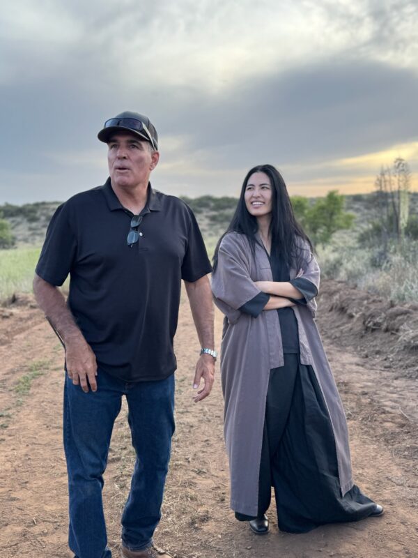 Clint Lilley (L) , director, and Juri Watanabe, lead actress, discuss the next setup on the set of "The Geisha and The Gunfighter." Photo courtesy of Clint Lilley.