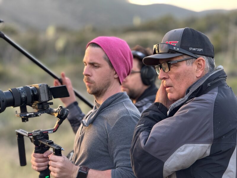 Phil Flock (L), director of photography, and Clint Lilley (R), director, watch a rehearsal of a scene on the set of "The Geisha and The Gunfighter." Photo courtesy of Clint Lilley.