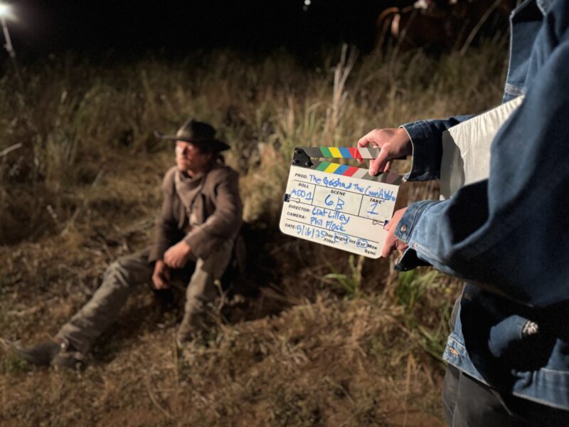 Jake Titus (L), lead actor, waits for the cameras to roll on the set of "The Geisha and The Gunfighter." Photo courtesy of Clint Lilley.