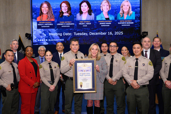 Sheriff Robert G. Luna and his leadership team accompany Supervisor Kathryn Barger on the dais. Photo by Bryan Chan/L.A. County.