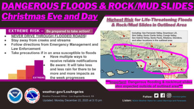 The National Weather Service posted this map on its X account Monday warning of high risks for flooding, mudslides and rock slides in various Southland communities, including the Santa Clarita Valley. NWS graphic.