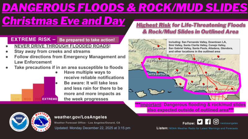 The National Weather Service posted this map on its X account Monday warning of high risks for flooding, mudslides and rock slides in various Southland communities, including the Santa Clarita Valley. NWS graphic.