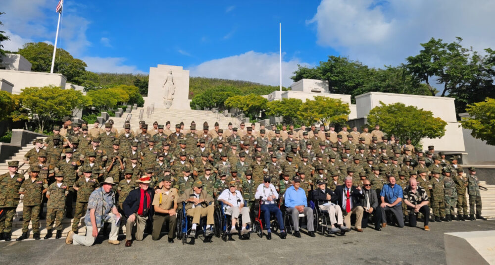 Young Marines from across the country, including the Santa Clarita Valley’s unit, participated in the wreath laying ceremony at the National Memorial of the Pacific in Honolulu ("Punchbowl") in memory of those interred there. World War II veterans are seated in the front row. Courtesy photo.