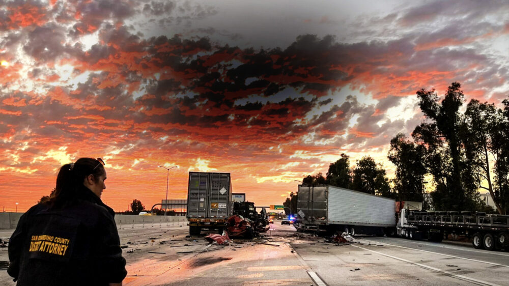 Officials with the San Bernardino County District Attorney’s Office process the scene of a deadly multi-vehicle crash in Ontario, Calif., on Oct. 21, 2025. San Bernardino County District Attorney’s Office.