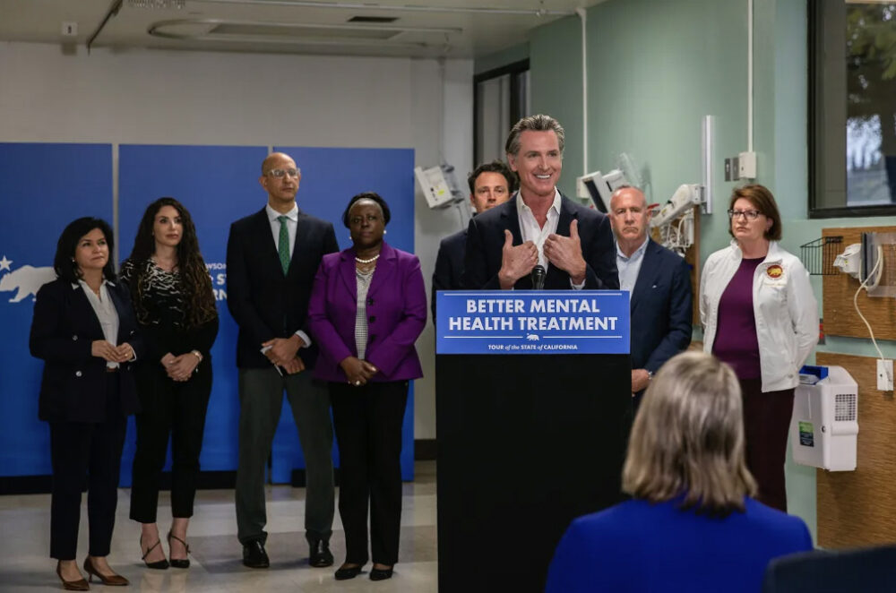 Gov. Gavin Newsom speaks at a news conference announcing a proposed 2024 ballot initiative to improve mental health services across the state, at Alvarado Hospital in San Diego, on March 19, 2023. Photo by Adriana Heldiz/The San Diego Union-Tribune via AP, Pool