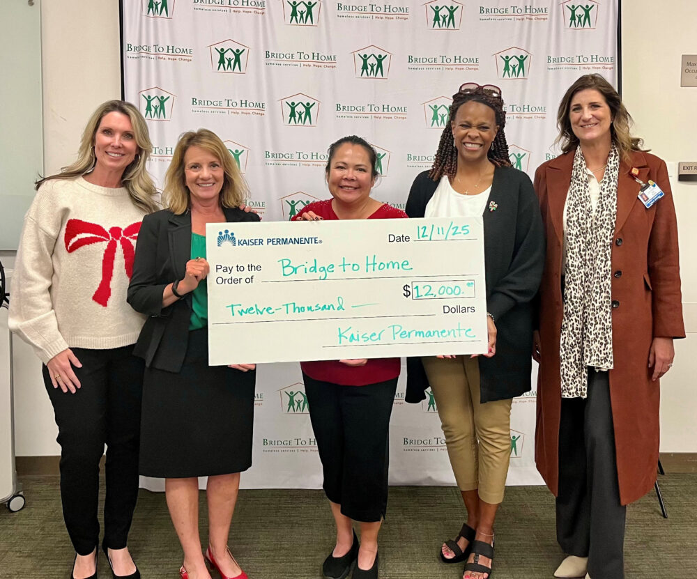 From left: Amanda O’Connor, director of development, Bridge to Home; Laura Gallardo, chief operating officer, Panorama City Medical Center; Courtney Kanagi, interim executive director, Bridge to Home; Cherise Moore, president of the Bridge to Home board of directors; and Amy Wiese, community health manager, Kaiser Permanente. Courtesy photo.