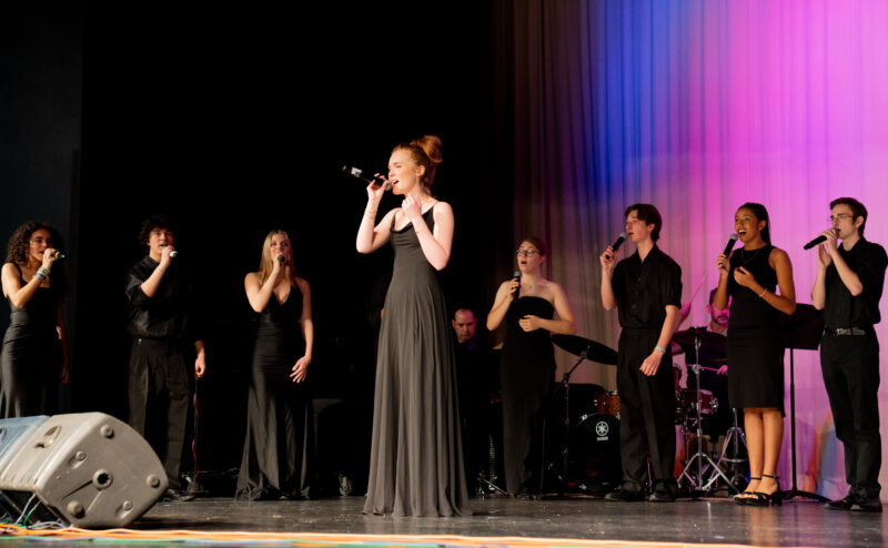 Birdie West (center) performs a solo during Valencia High School’s Two ’N Four Vocal Jazz Emsemble’s free preview concert on Jan. 6, 2026 before they are set to go to New Orleans for the Jazz Education Conference. Katherine Quezada/The Signal
