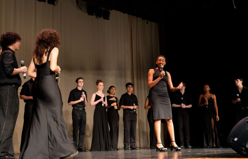 Isla Bruner (center) performs a solo during Valencia High School’s Two ’N Four Vocal Jazz Emsemble’s free preview concert on Jan. 6, 2026 before they are set to go to New Orleans for the Jazz Education Conference. Katherine Quezada/The Signal