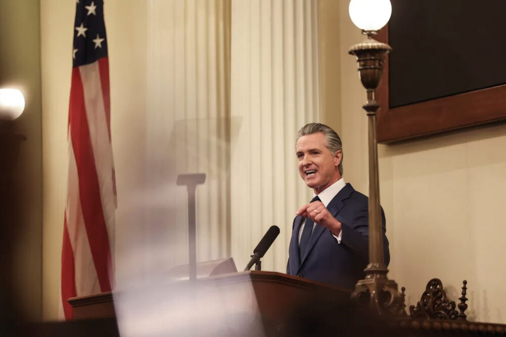 Gov. Gavin Newsom speaks during the State of the State address in the Assembly chamber at the state Capitol in Sacramento on Jan. 8, 2026. Photo by Miguel Gutierrez Jr., CalMatters