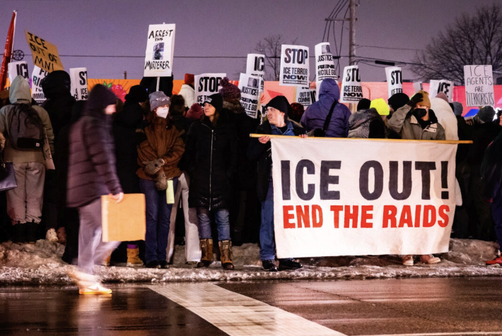Protestors demonstrating against Immigration and Customs Enforcement (ICE) operations gather in Minneapolis on Jan. 8, 2026. Photo. by John Fredricks.