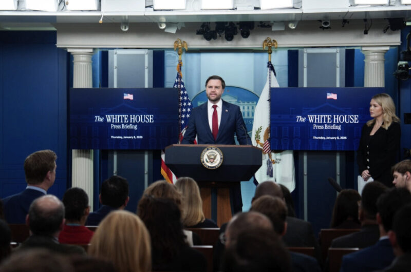 White House press secretary Karoline Leavitt and Vice President JD Vance speak during a news briefing at the White House on Jan. 8, 2026. Photo by Madalina Kilroy.