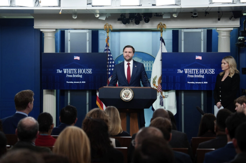 White House press secretary Karoline Leavitt and Vice President JD Vance speak during a news briefing at the White House on Jan. 8, 2026. Photo by Madalina Kilroy.