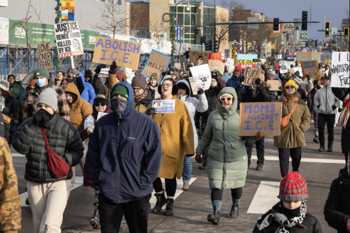 Protesters demonstrate against Immigration and Customs Enforcement (ICE) operations in Minneapolis on Jan. 10, 2026. Photo by John Fredricks.