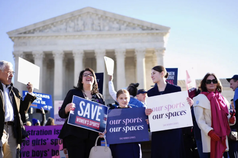 People take part in a rally, in support of Idaho and West Virginia laws protecting women's and girls' sports, at the U.S. Supreme Court in Washington on Jan. 13, 2026. Photo by Madalina Kilroy.