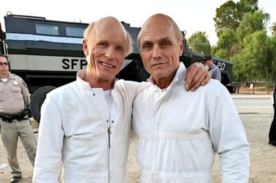 Dennis Keiffer (right) works as actor Ed Harris’ stunt double during the production of the TV show “Westworld” in Los Angeles, 2016. Courtesy of Dennis Keiffer