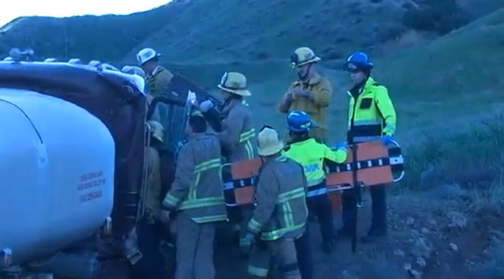 The driver of a water tank truck was airlifted to Henry Mayo Newhall Hospital after crashing near Davenport Road and Sierra Highway Jan. 15, 2026. Courtesy photo.