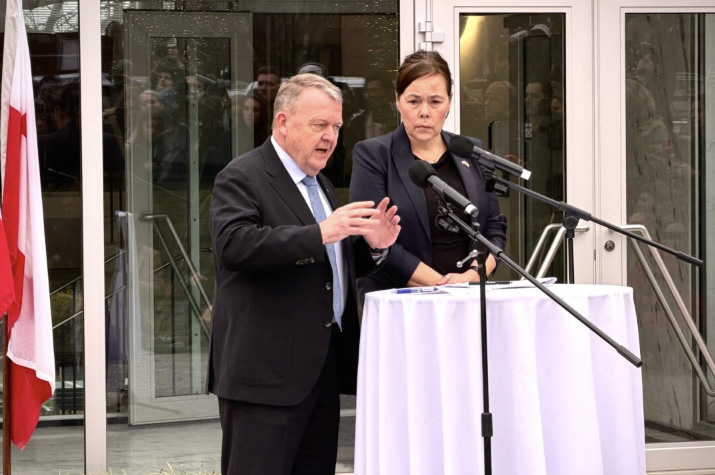 Danish Foreign Minister Lars Lokke Rasmussen (L) and Greenlandic Foreign Minister Vivian Motzfeldt speak at a news conference at the Danish Embassy in Washington on Jan. 14, 2026. Photo by Emel Akan.