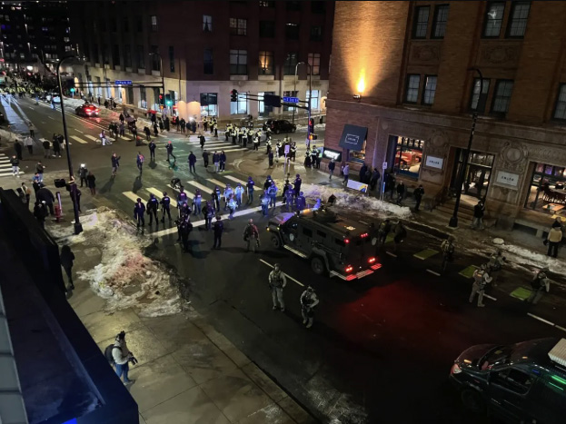 Law enforcement surround anti-ICE protesters in downtown Minneapolis on Jan. 9, 2026, and demanded they disperse or be arrested. Photo by Jacki Thrapp.