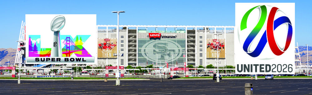 Levi’s Stadium hosts the Super Bowl and FIFA World Cup play this year. Photo ©ADOBE STOCK. LOGO COURTESY SPORTSLOGOS.NET