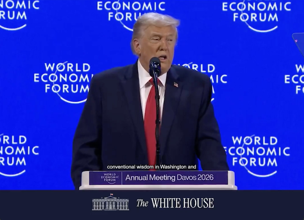 President Donald Trump delivers an address during the World Economic Forum meeting in Davos, Switzerland, on Jan. 21, 2026. Screenshot from White House video via X.