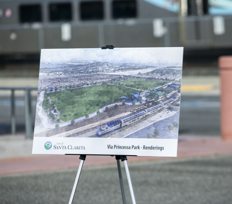 Renderings of Santa Clarita's 41st park, Via Princessa Park, were presented during the groundbreaking at the Via Princessa Metrolink Station on Thursday, Jan. 22, 2026. Habeba Mostafa/ The Signal